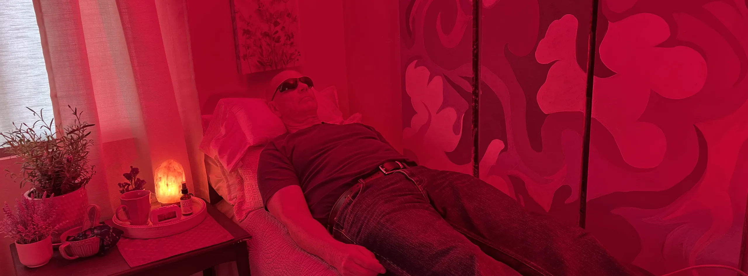 A red-light therapy session in the Lavender Suite at Frenchtown Wellness Studio